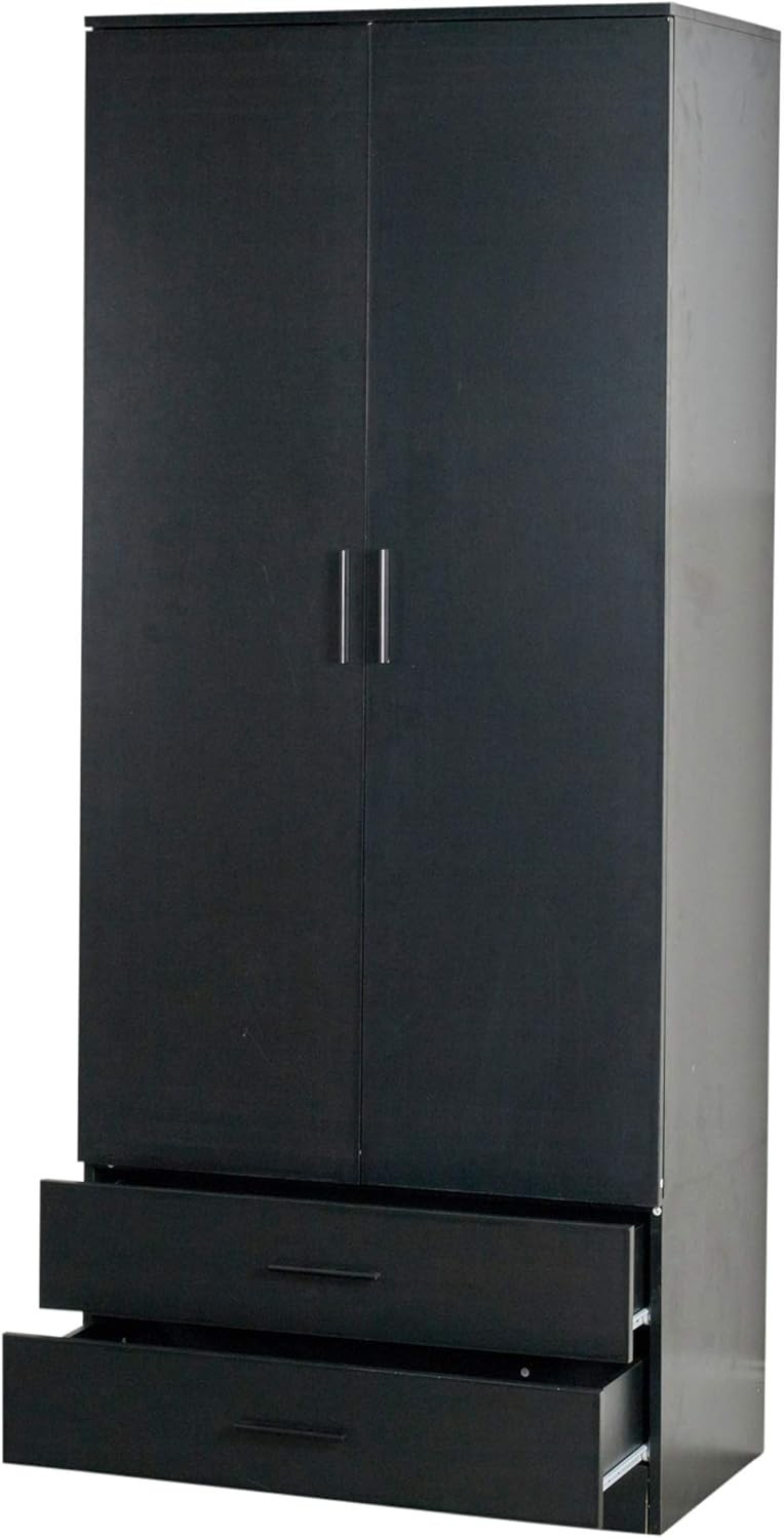 Black 2 Door Wardrobe with Drawers Hanging Rail Storage Bedroom Unit