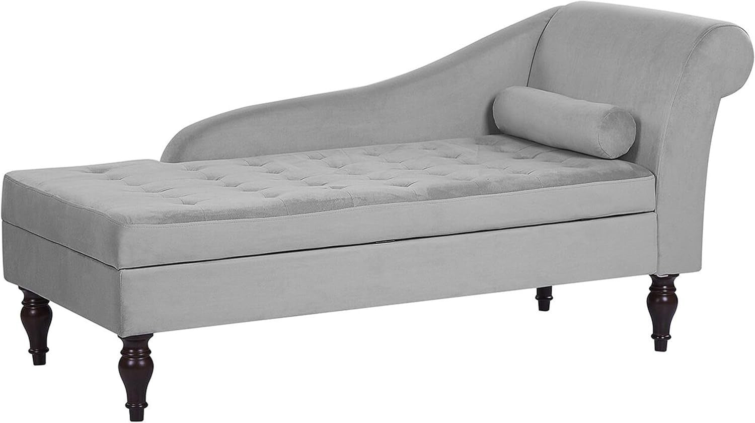 Velvet Storage Chaise Lounge Grey Tufted Back Wooden Legs Compact Design