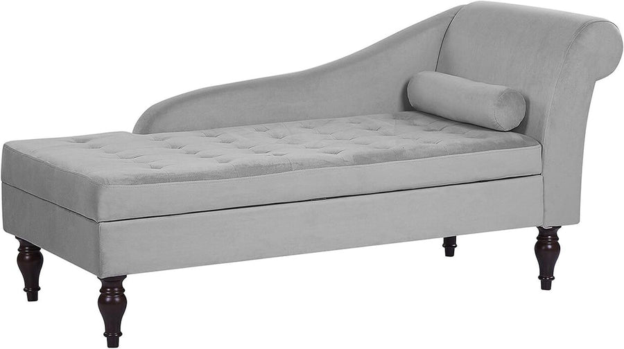 Velvet Storage Chaise Lounge Grey Tufted Back Wooden Legs Compact Design