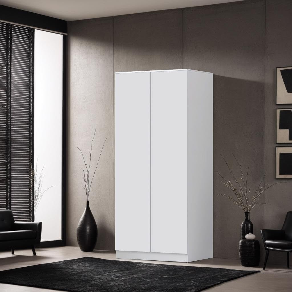Modern 2 Door White Wardrobe with Soft-Close Hinges & Full Hanging Rail