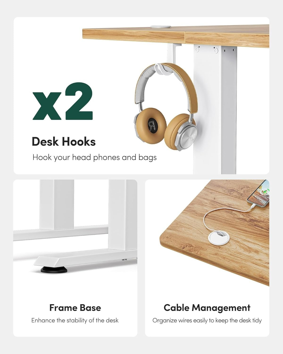 Electric Standing Desk 140x60cm White Frame Light Brown Adjustable Table