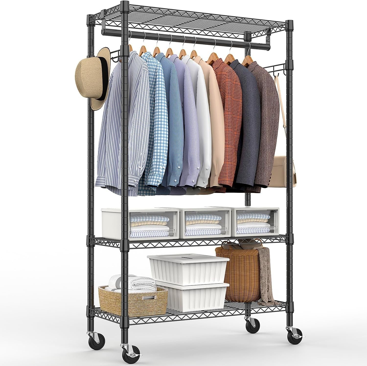 Heavy Duty Black Garment Rack – 3 Tier, 189cm with Wheels