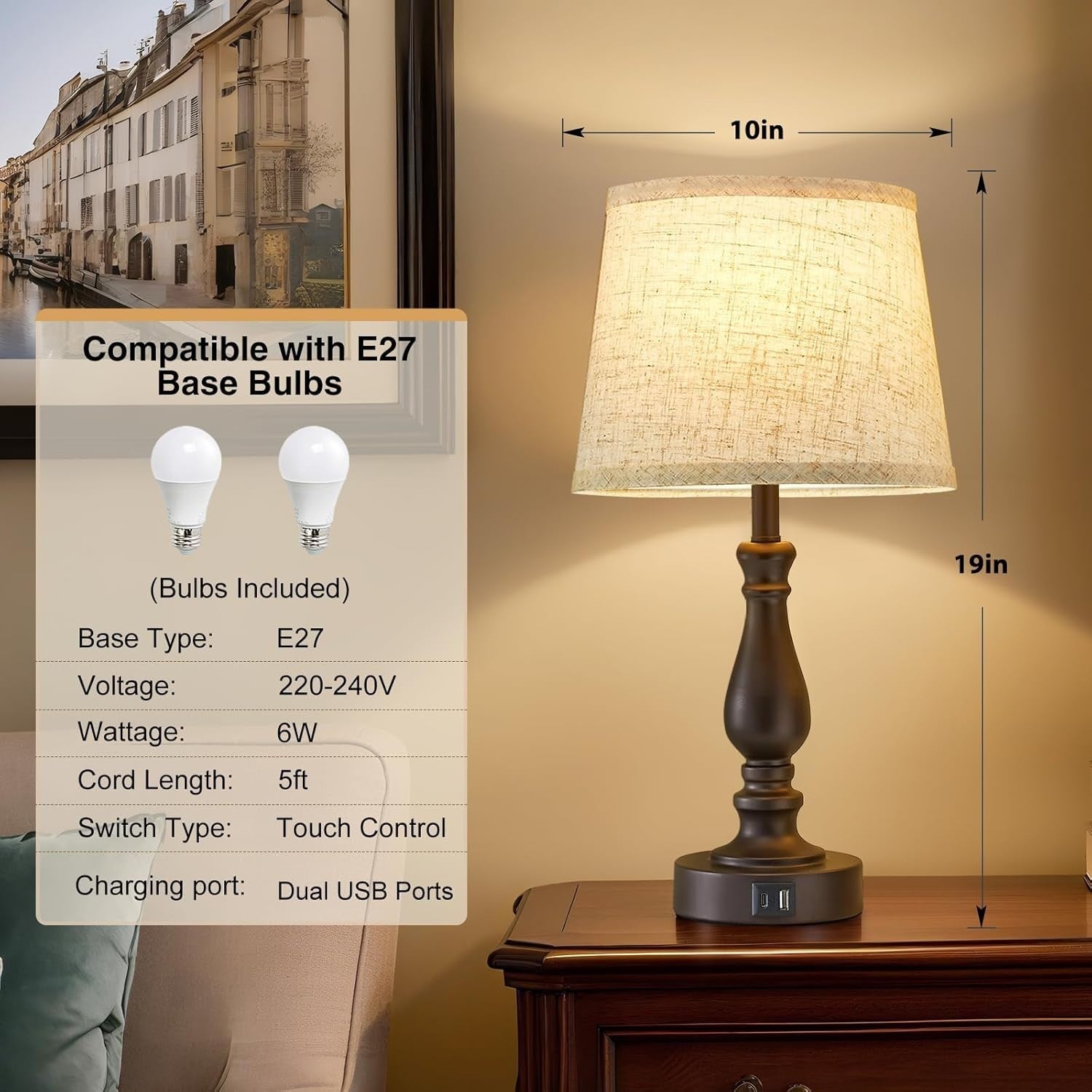 Touch Dimmable Bedside Table Lamps with Dual USB Charging, Set of 2