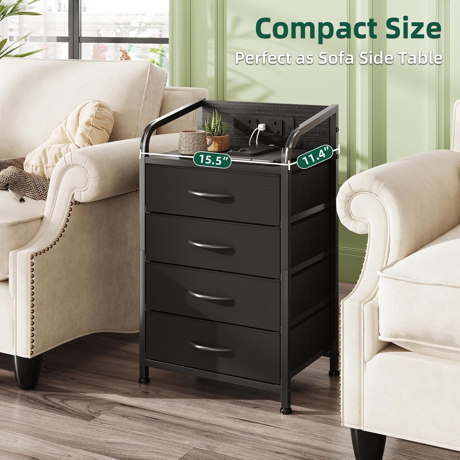 Black Bedside Cabinet  Charging Ports 4-Drawer Nightstand Small Storage