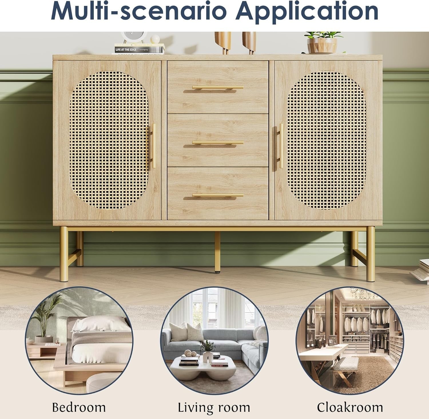 Rattan Sideboard Oak Storage Cabinet 3 Drawers 2 Doors 120cm Boho Chic