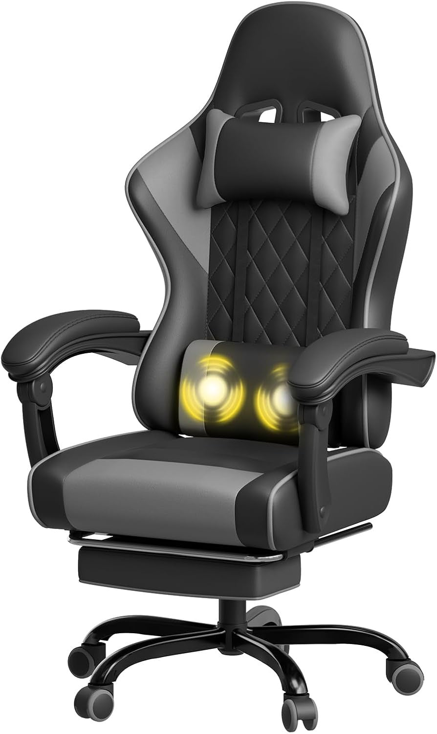 Gaming Chair with Massage Lumbar Recliner Footrest 150kg Grey