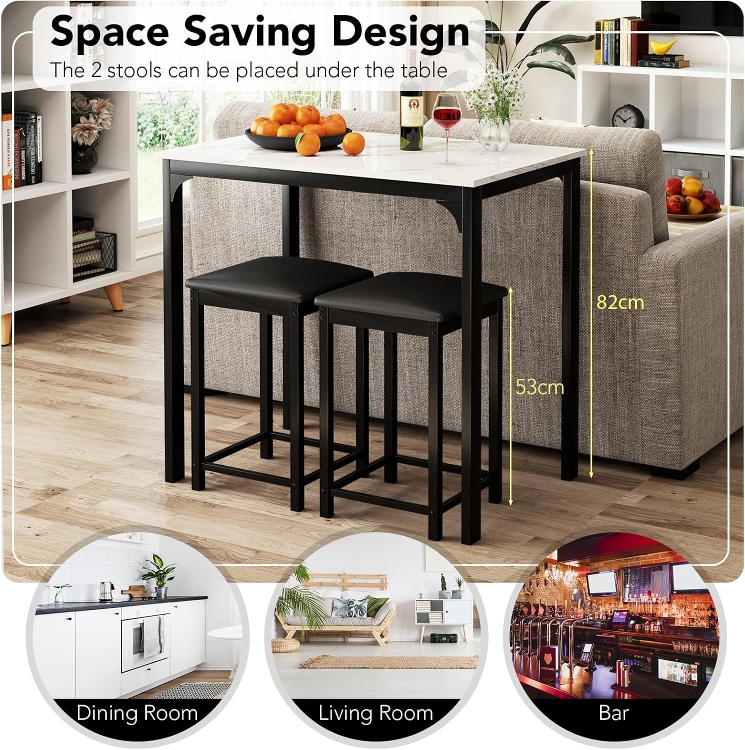 3 Piece Bar Table Set with Stools Marble Effect Top Counter Height Cream White