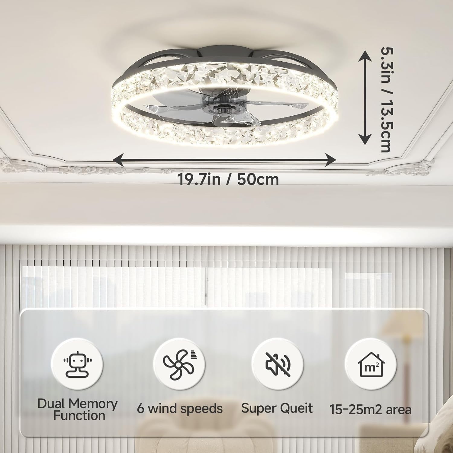 50CM Ceiling Fan Light, 6 Speeds, Dimmable LED, Remote Control, Black
