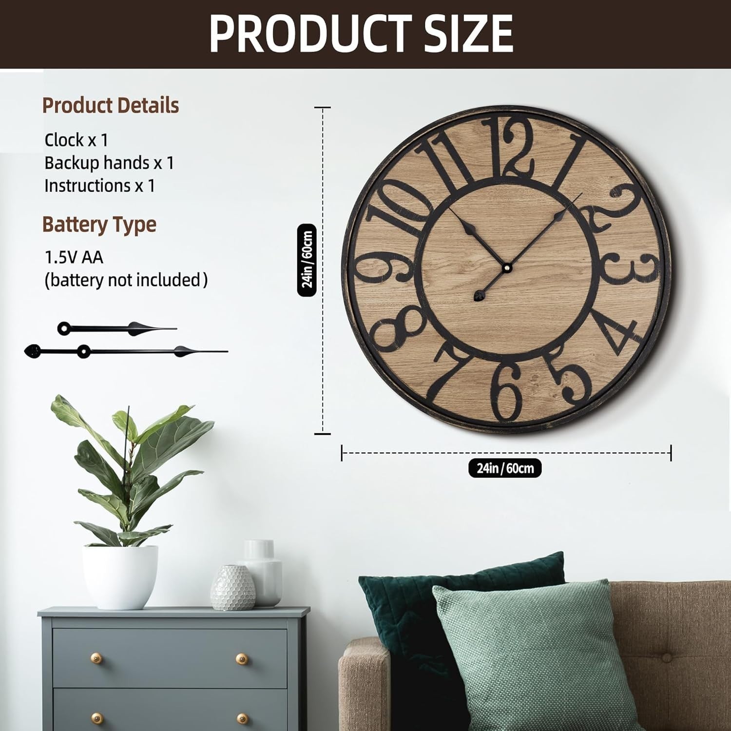 24" Silent Wall Clock Rustic Farmhouse Metal Wood Arabic Numerals Large