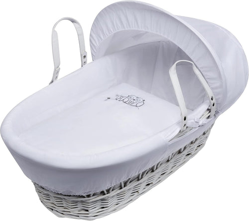 Embroided  Wicker Moses Basket Adjustable Hood Rocking Stand Owl White