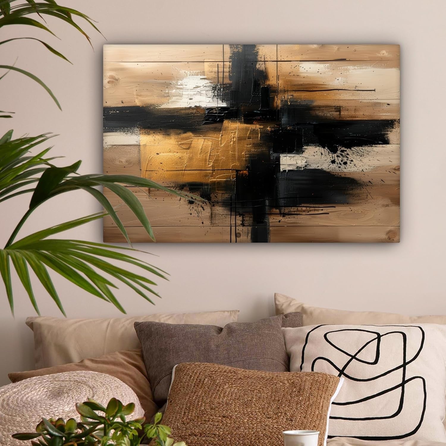 Abstract Gold Black Canvas Wall Art 60x40cm Framed Modern Decor