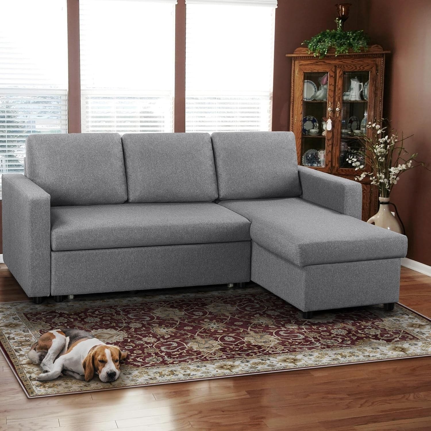 Light Grey L-Shaped Sofa Bed 3 Seater Pull Out Storage Sleeper Couch