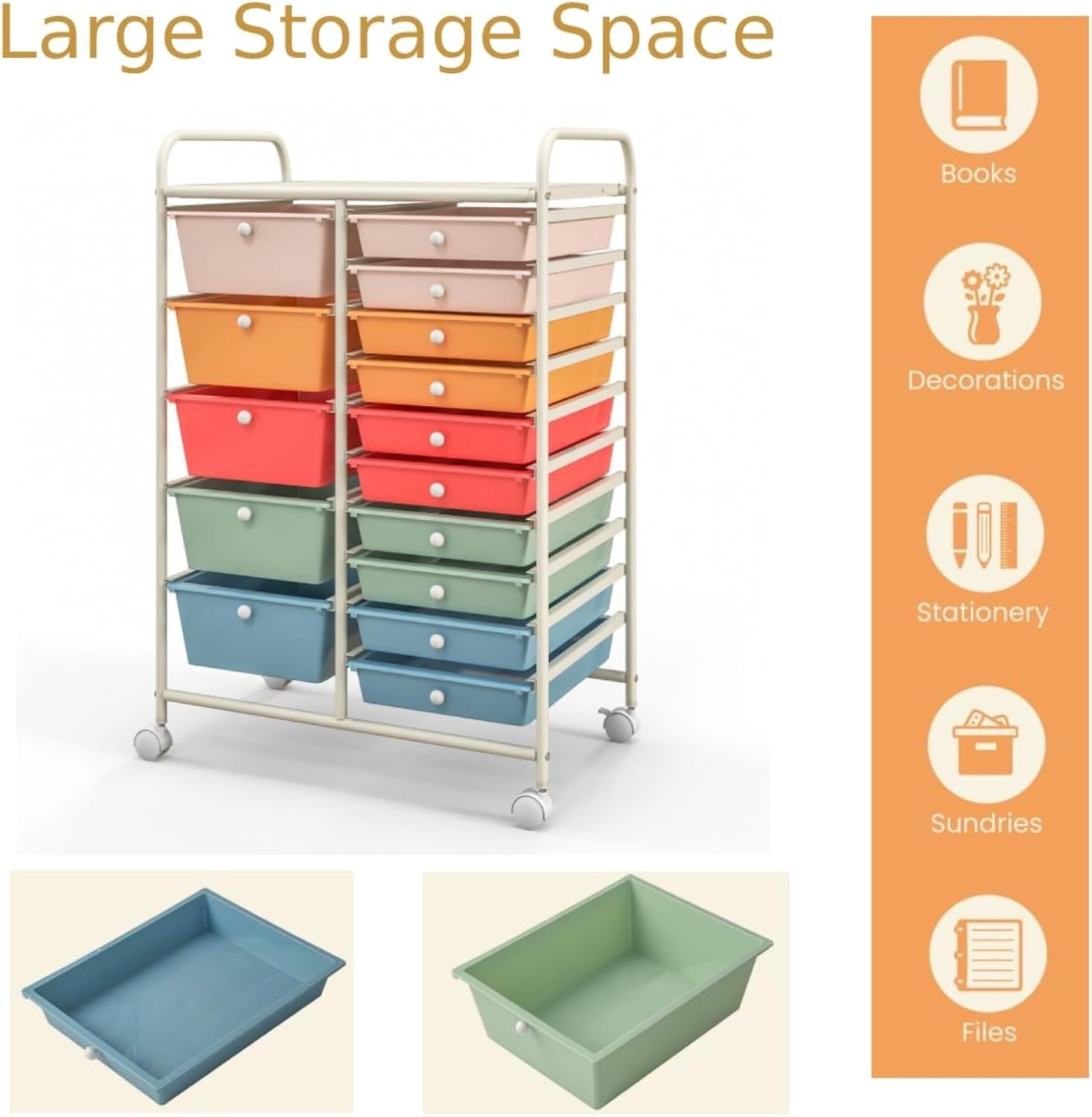 15 Drawer Rolling Storage Cart Colorful Utility Organizer Trolley