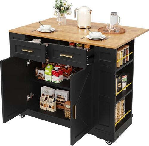 Rolling Kitchen Island with Foldable Worktop, 2 Drawers & Double Storage