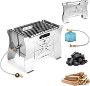 Portable Stainless Steel Camping BBQ Grill Foldable 2-in-1 Charcoal & Gas