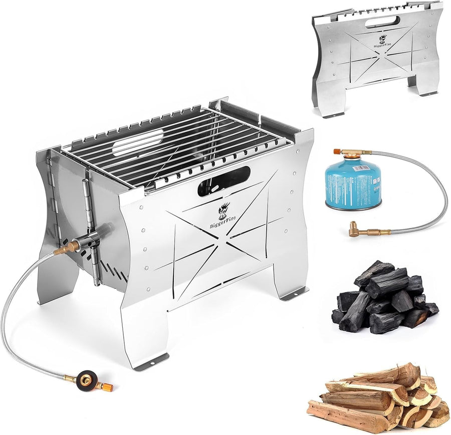 Portable Stainless Steel Camping BBQ Grill Foldable 2-in-1 Charcoal & Gas