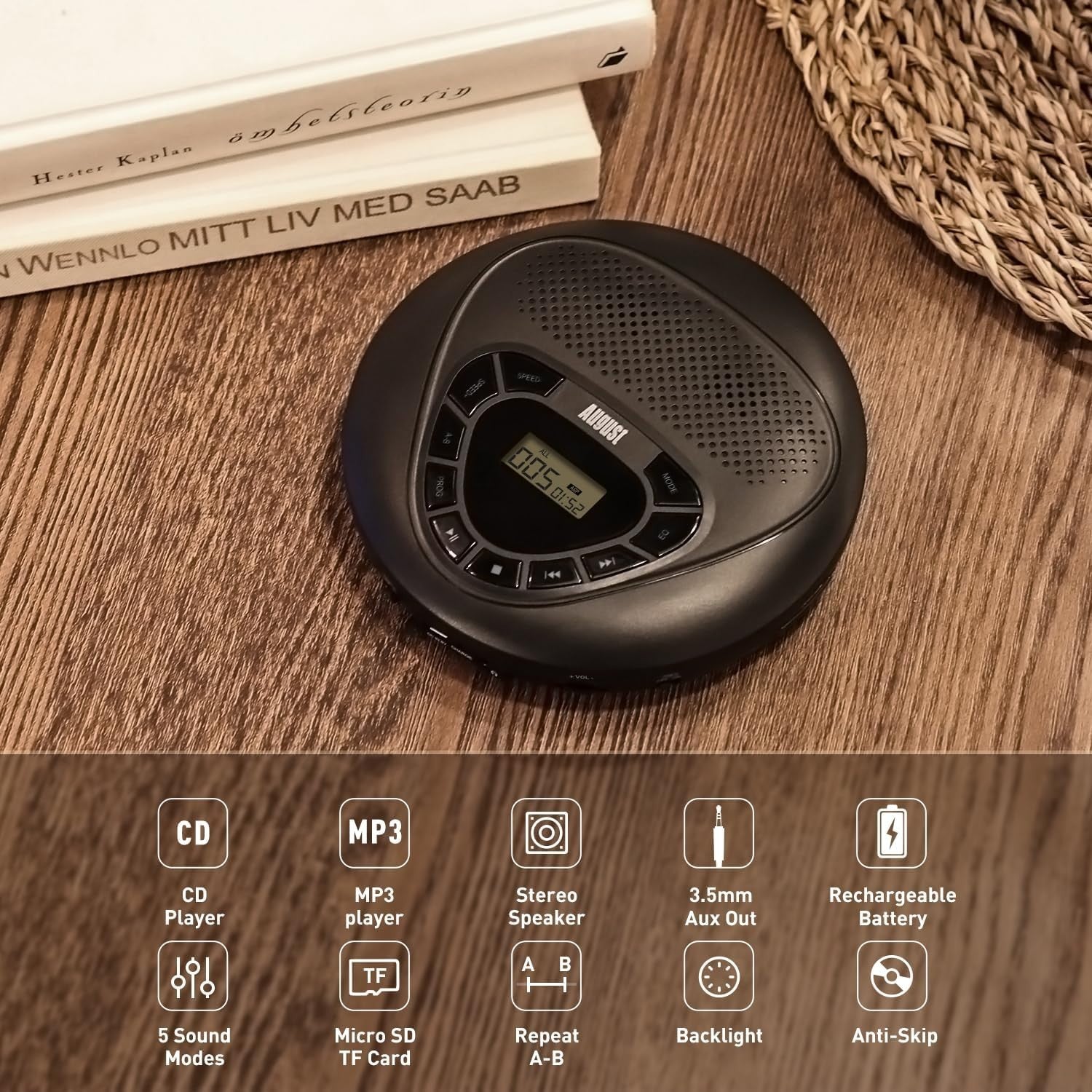 Portable CD Player Rechargeable Discman AUX Micro SD Anti Shock Black