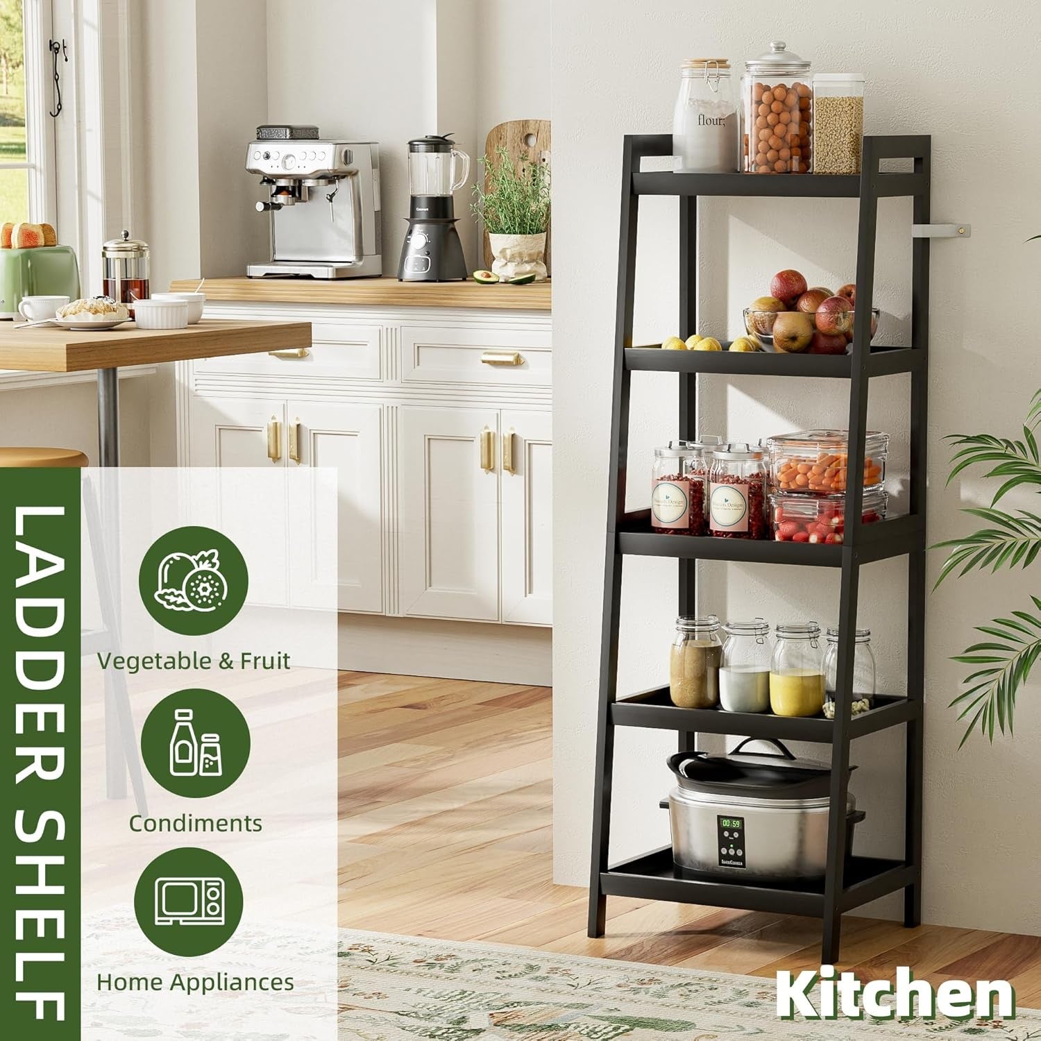 Black 5-Tier Ladder Bookcase, Tall Narrow Bamboo Frame Display Storage Shelf