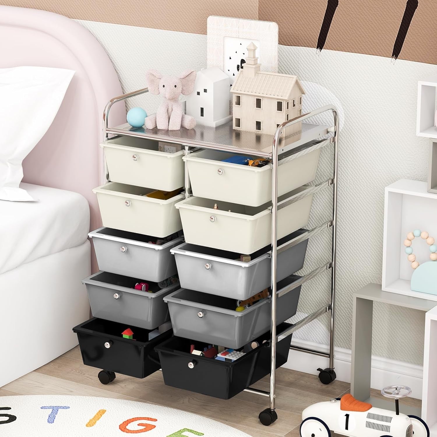 10 Drawer Mobile Storage Trolley Rolling Utility Cart Salon Organizer Grey