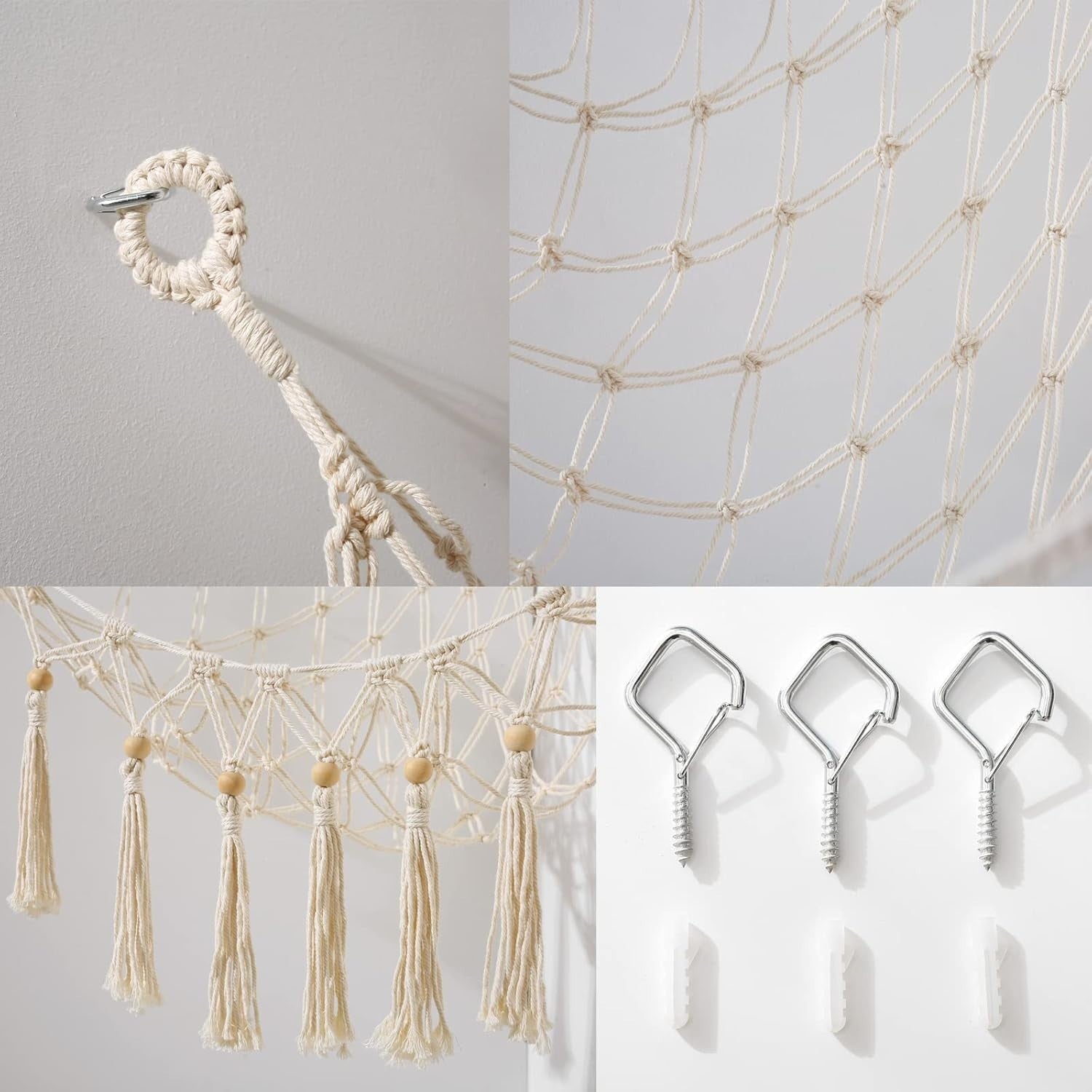 White Macrame Toy Hammock – Stuffed Animal Storage Net with Hooks – Nursery