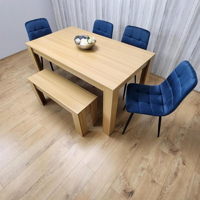 6 Seater Oak Dining Table Set with Blue Velvet Chairs & Wooden Bench