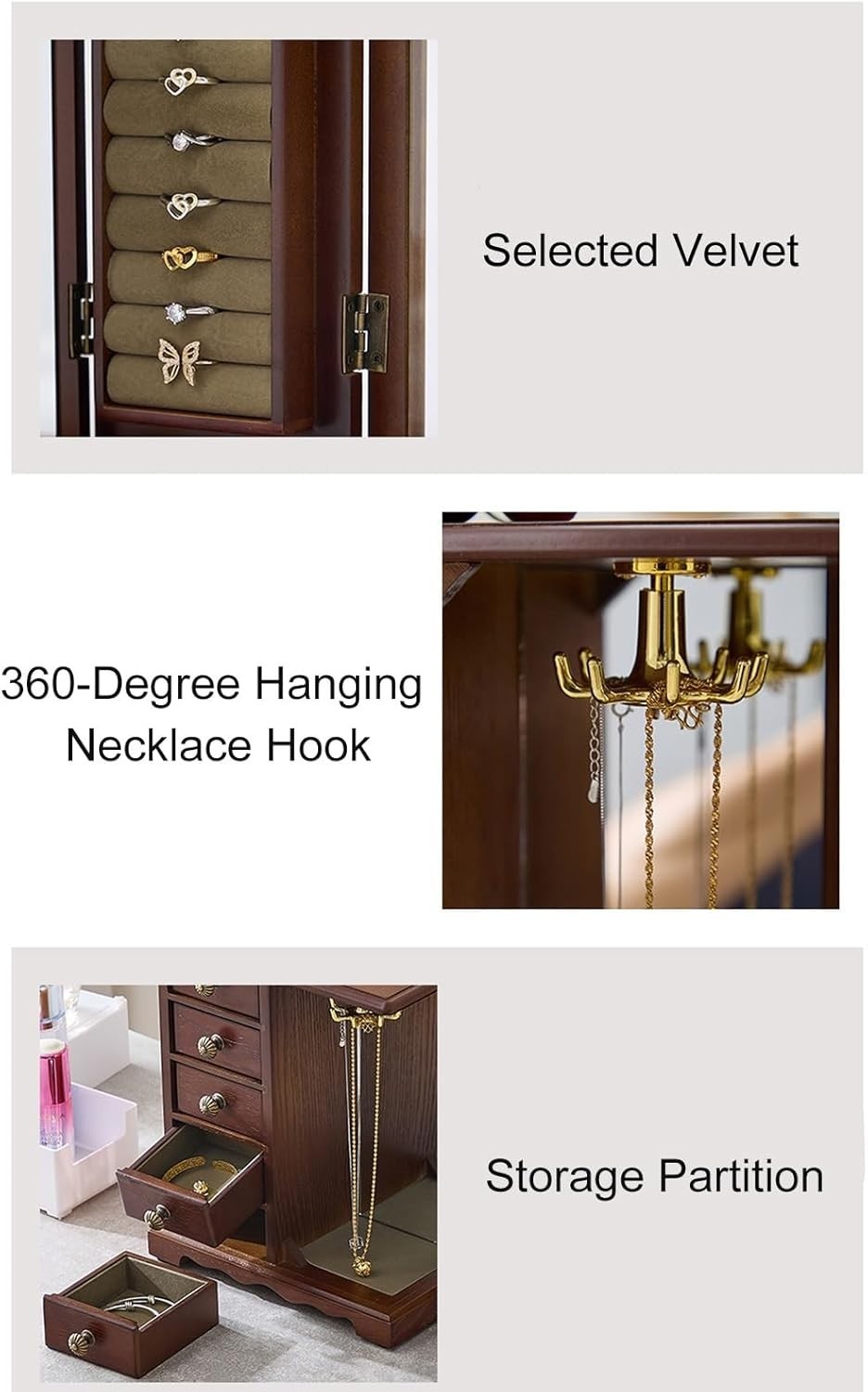 Wooden Jewelry Armoire Organizer 5 Drawers Mirror Storage Box