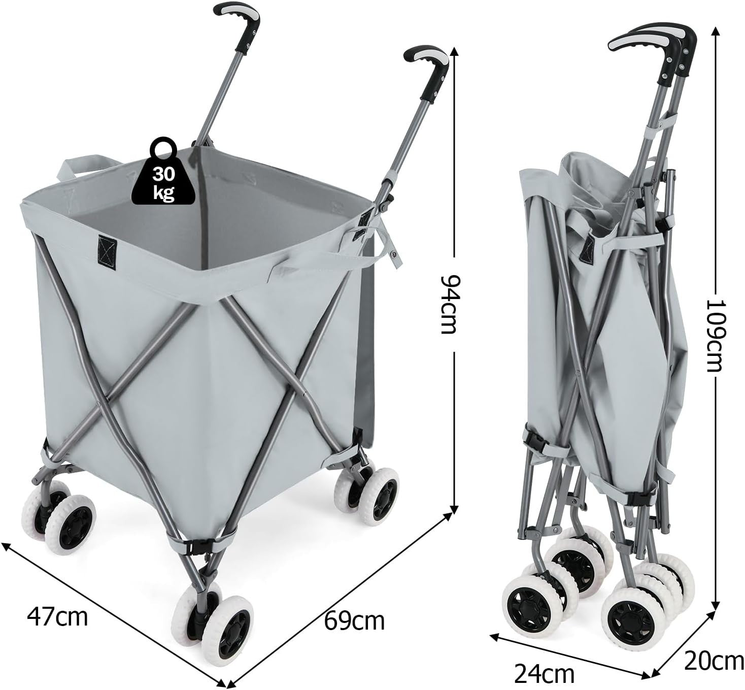 Extra Large 90L 8-Wheel Folding Shopping Trolley Cart Grey