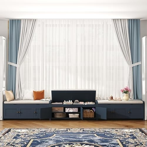 Blue Shoe Storage Bench with Cushion Seat 3-Door Cabinet & Hidden Compartment
