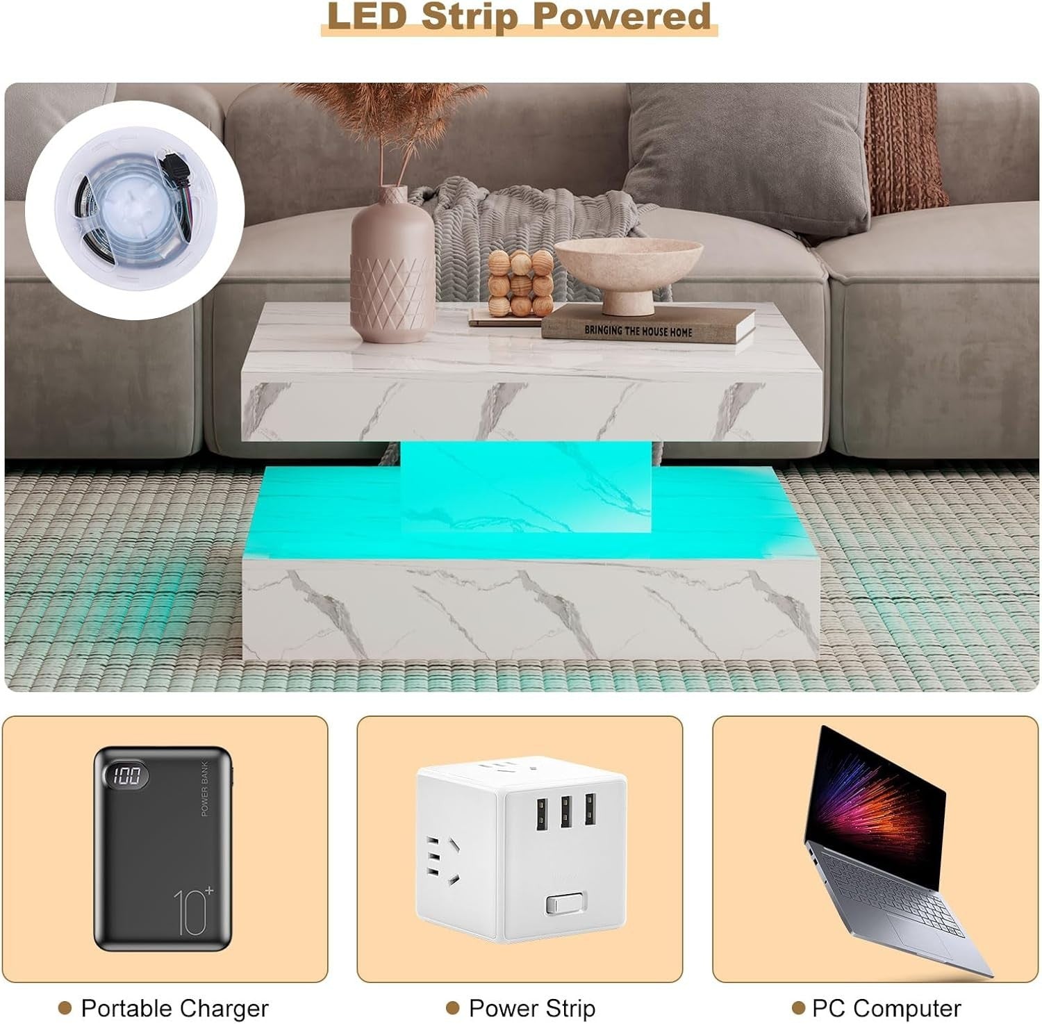 White Marble LED Coffee Table with Storage, 2-Tier Square 78x78cm