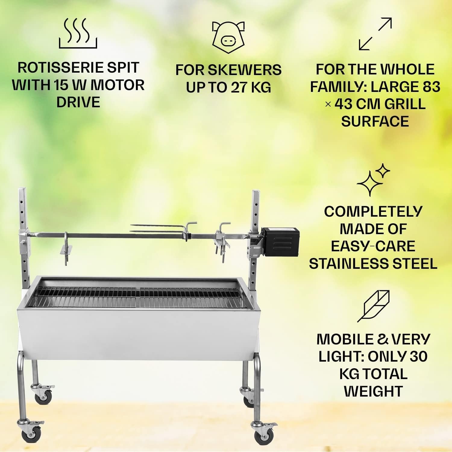 2-in-1 Charcoal Rotisserie BBQ Grill | Large Stainless Steel Outdoor Spit Roast