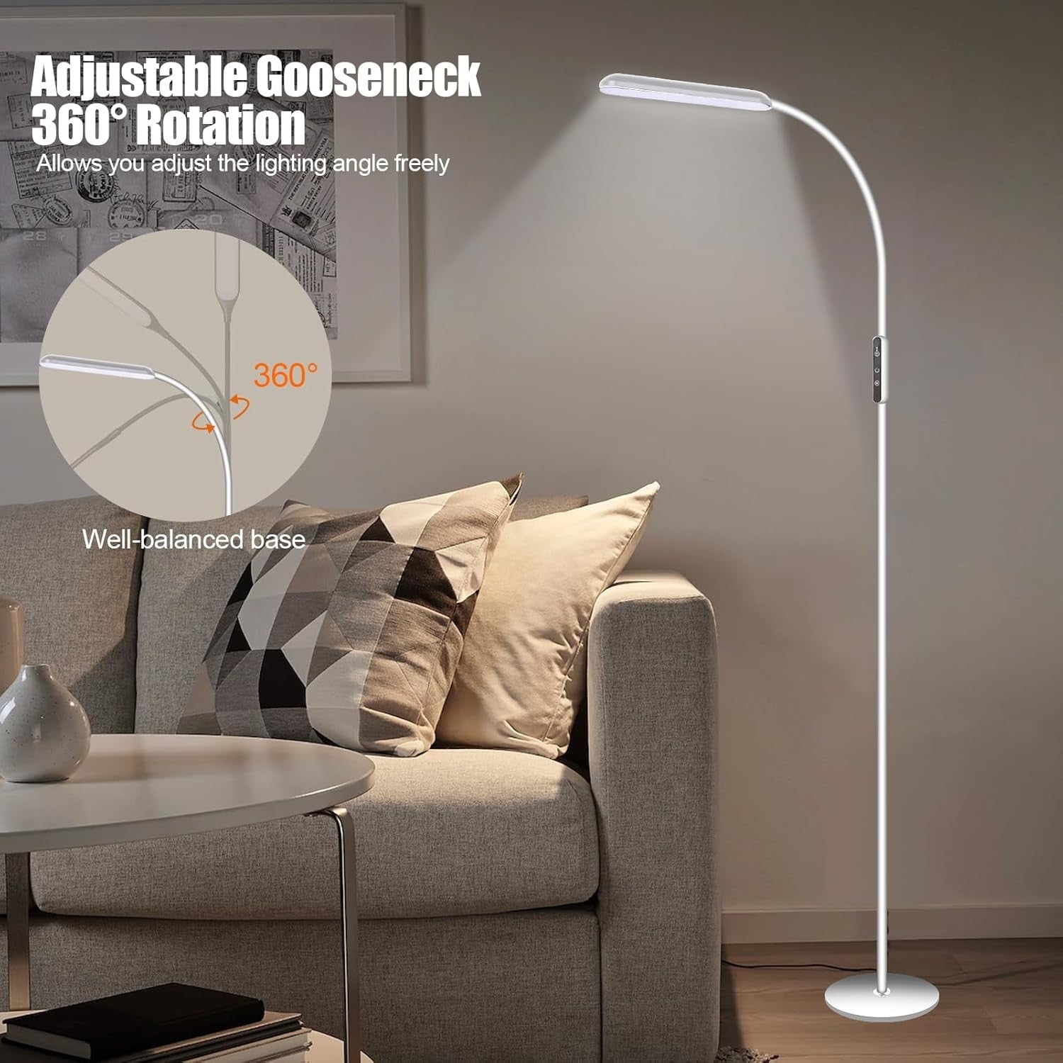 LED Floor Lamp Dimmable Reading Light Touch Control Adjustable Gooseneck