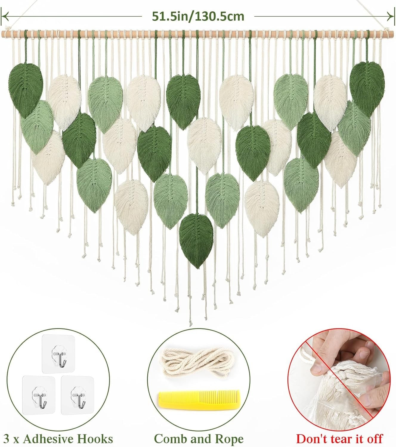 Large Boho Macrame Wall Hanging Leaf Woven Decor Green/Beige