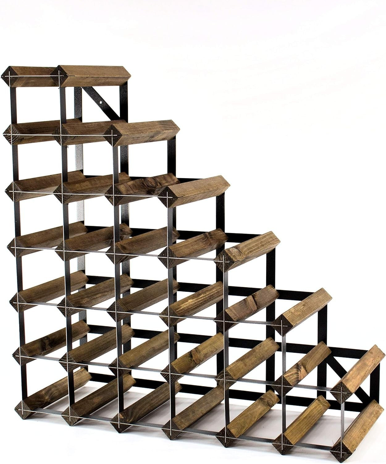 27 Bottle Wine Rack Walnut Wood & Black Metal Freestanding Understairs Storage
