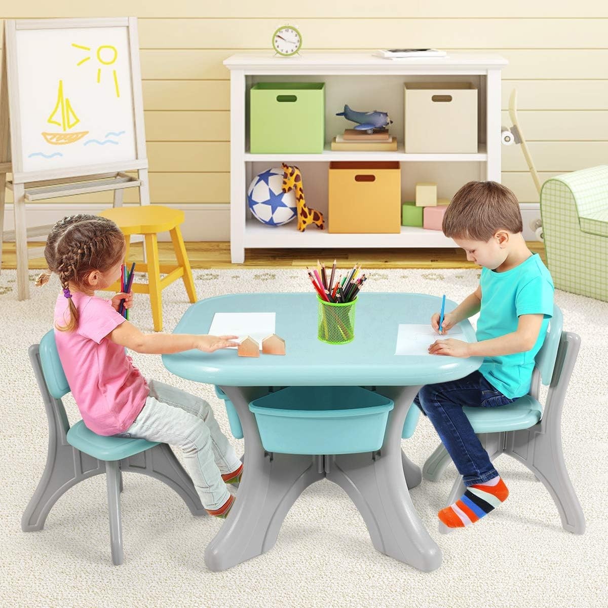 Kids Activity Table & 2 Chairs Set Green w/Detachable Storage Bins, Sturdy & Lig