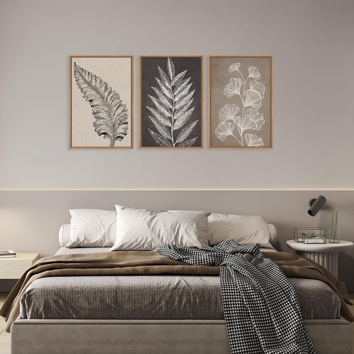 Botanical Leaf Framed Canvas Wall Art Set 3 Neutral Modern Home Decor