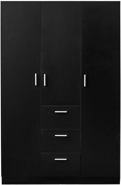 Large 3 Door Wardrobe with 3 Drawers, Shelves & Hanging Rail - Black Bedroom