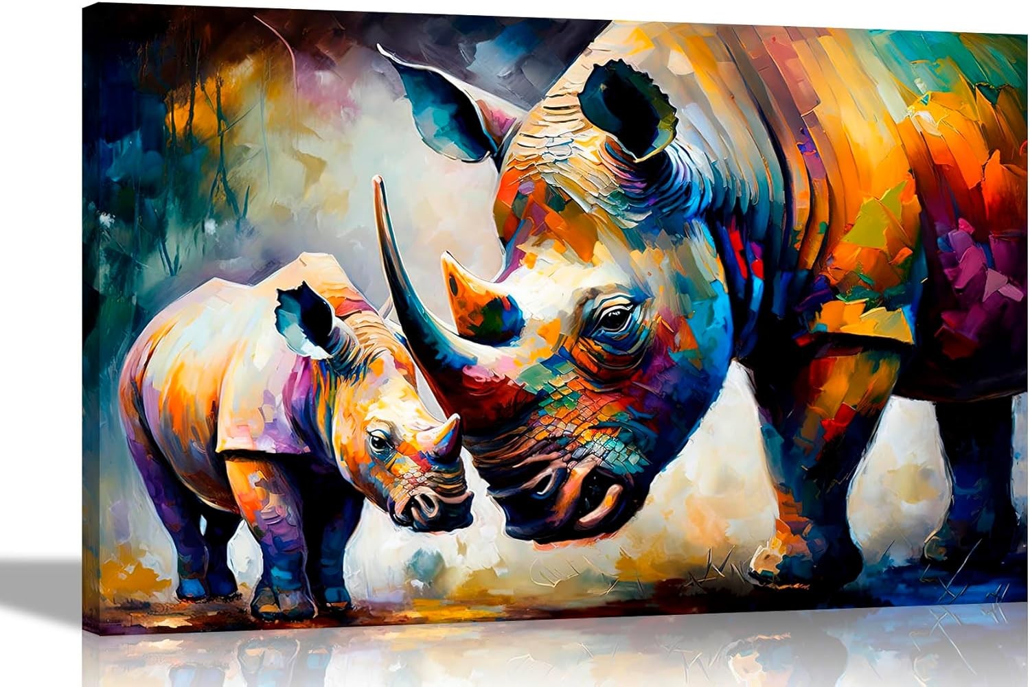 Loving Rhino Mum & Child Canvas Wall Art 40x30cm Abstract Decor