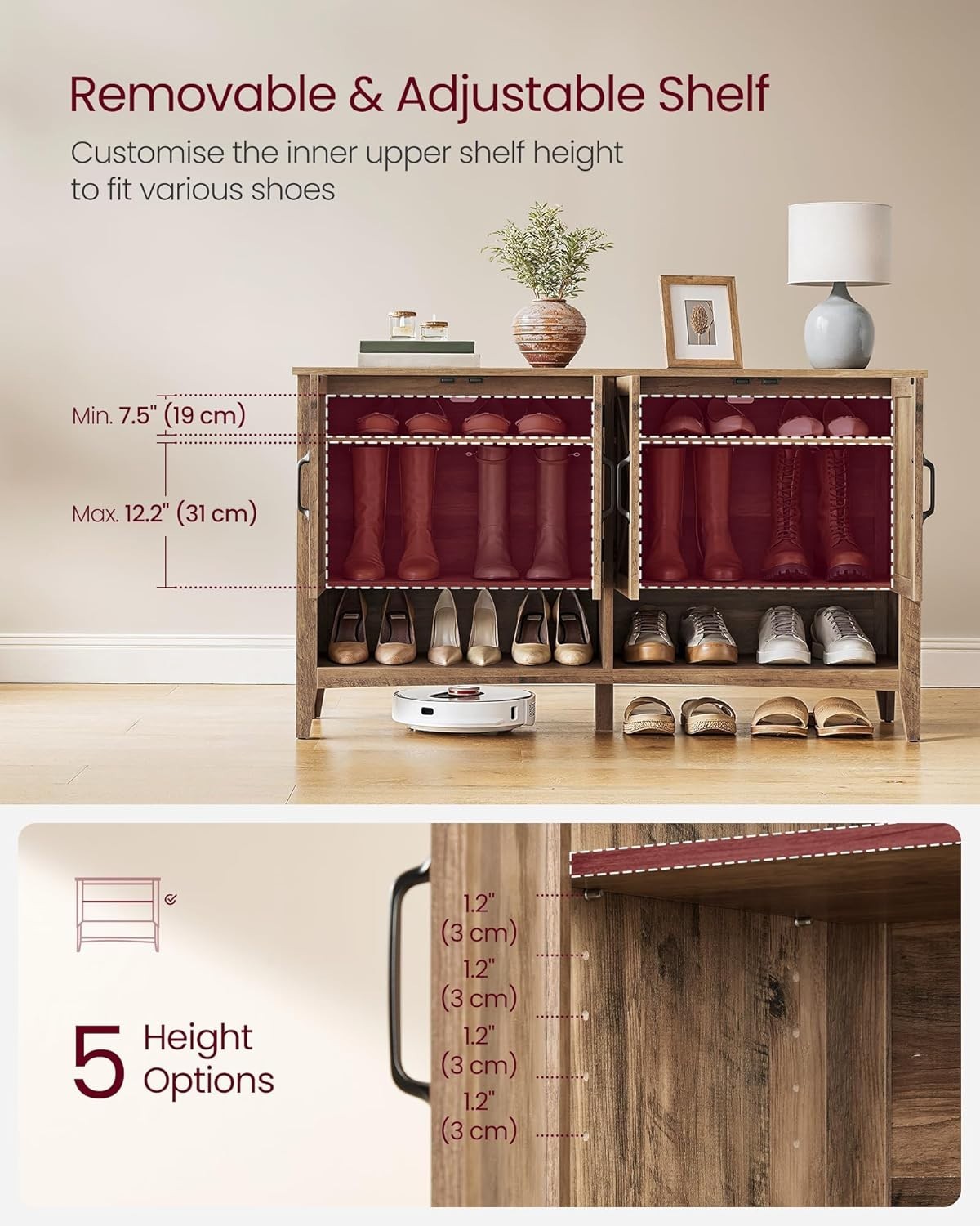 Honey Brown Shoe Cabinet 120x35x70.5cm Adjustable Shelf 12-18 Pair Storage