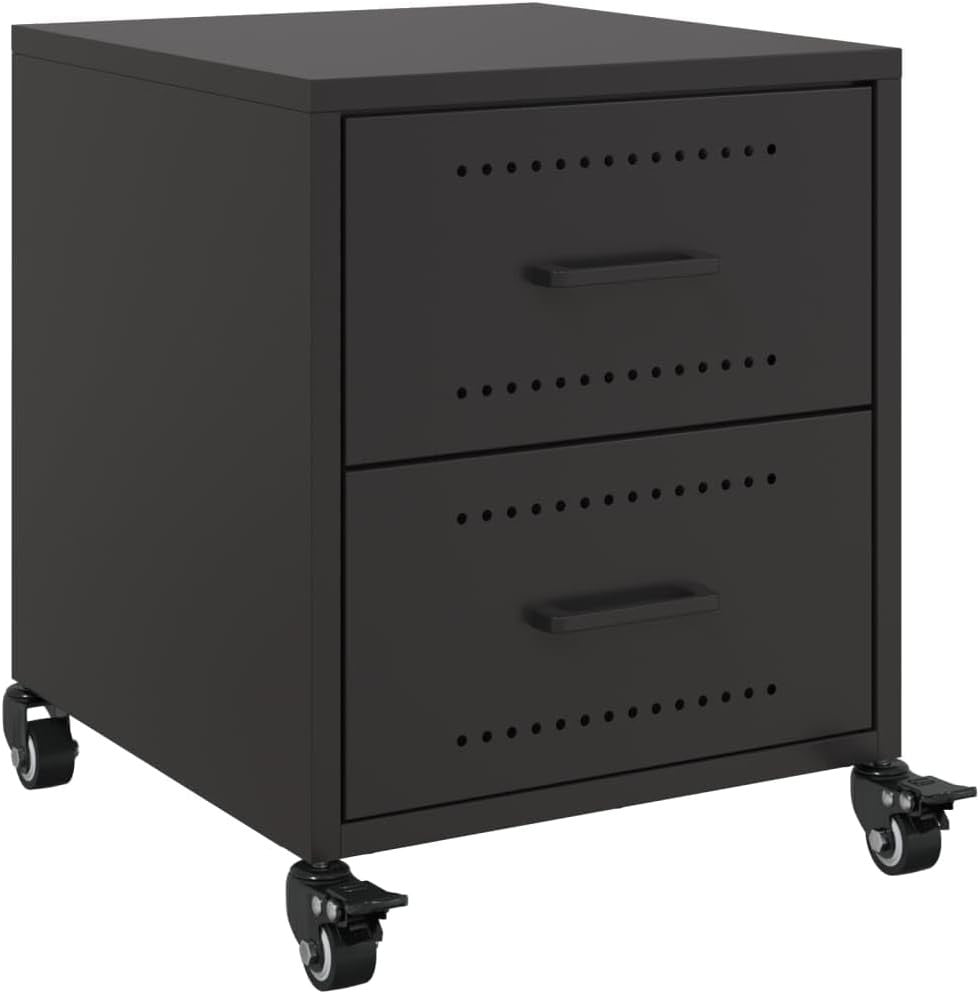 Set of 2 Black Metal Bedside Tables with Wheels | Modern Mobile Nightstands