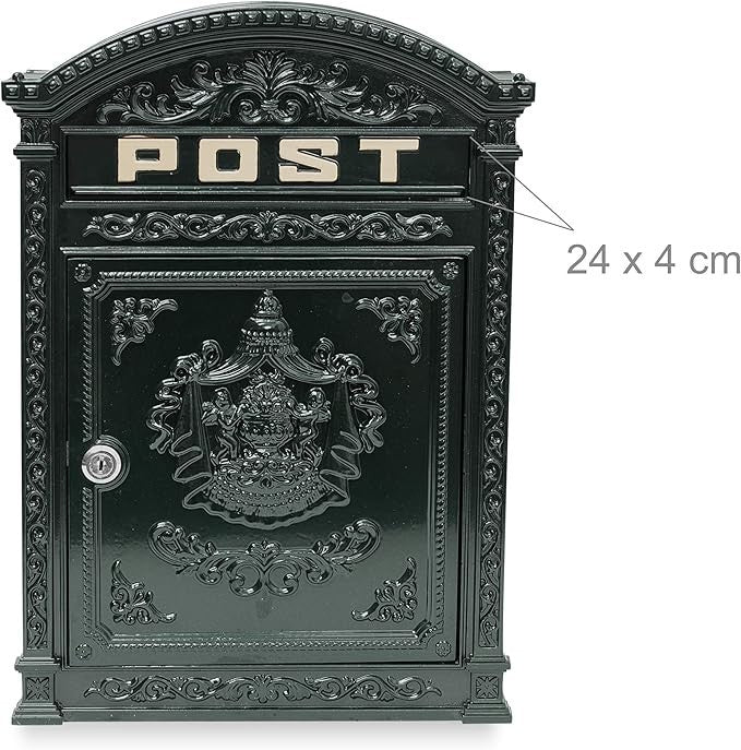 Wall Mounted Antique Mailbox Cast Aluminium Green – Lockable A4 Slot Secure