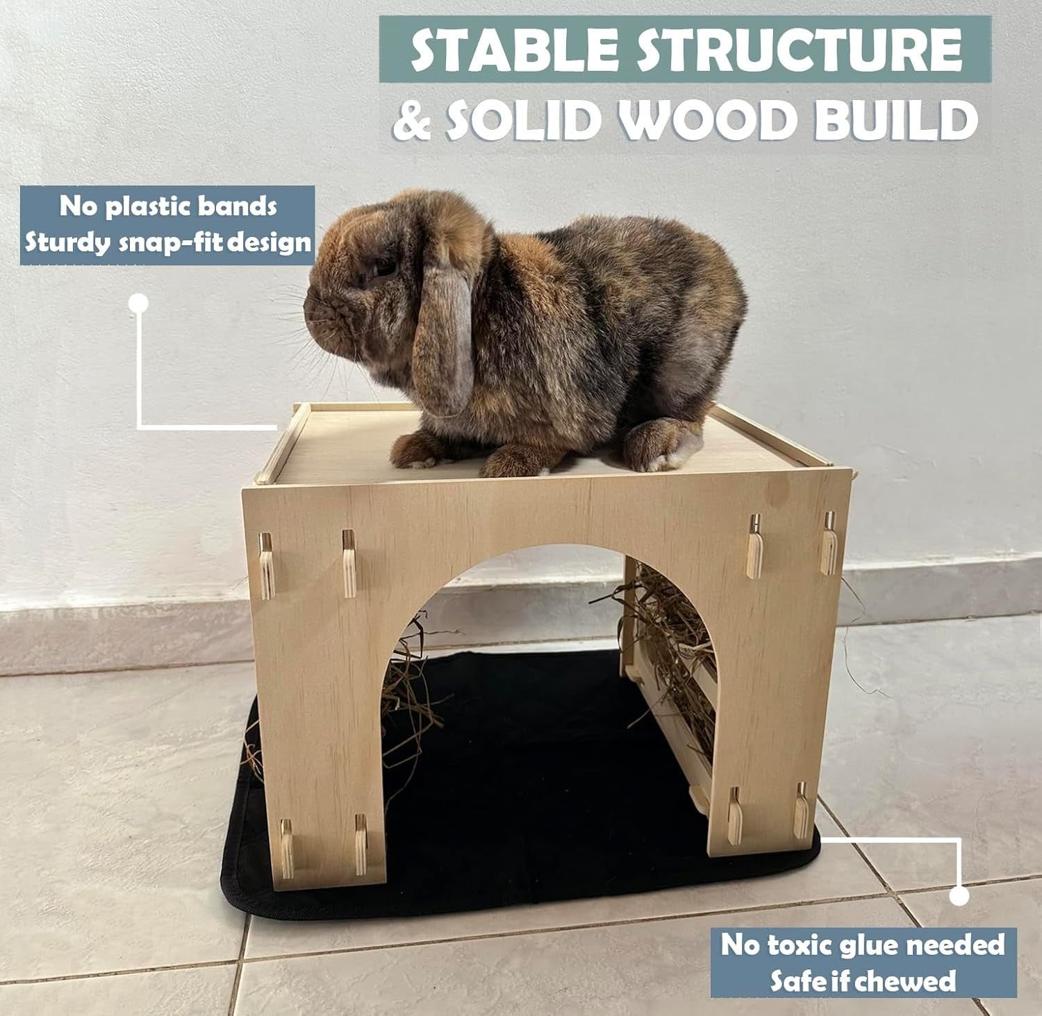 Rabbit Hideout Wooden Tunnel Bed Indoor Hay Feeder Bunny Guinea Pig House