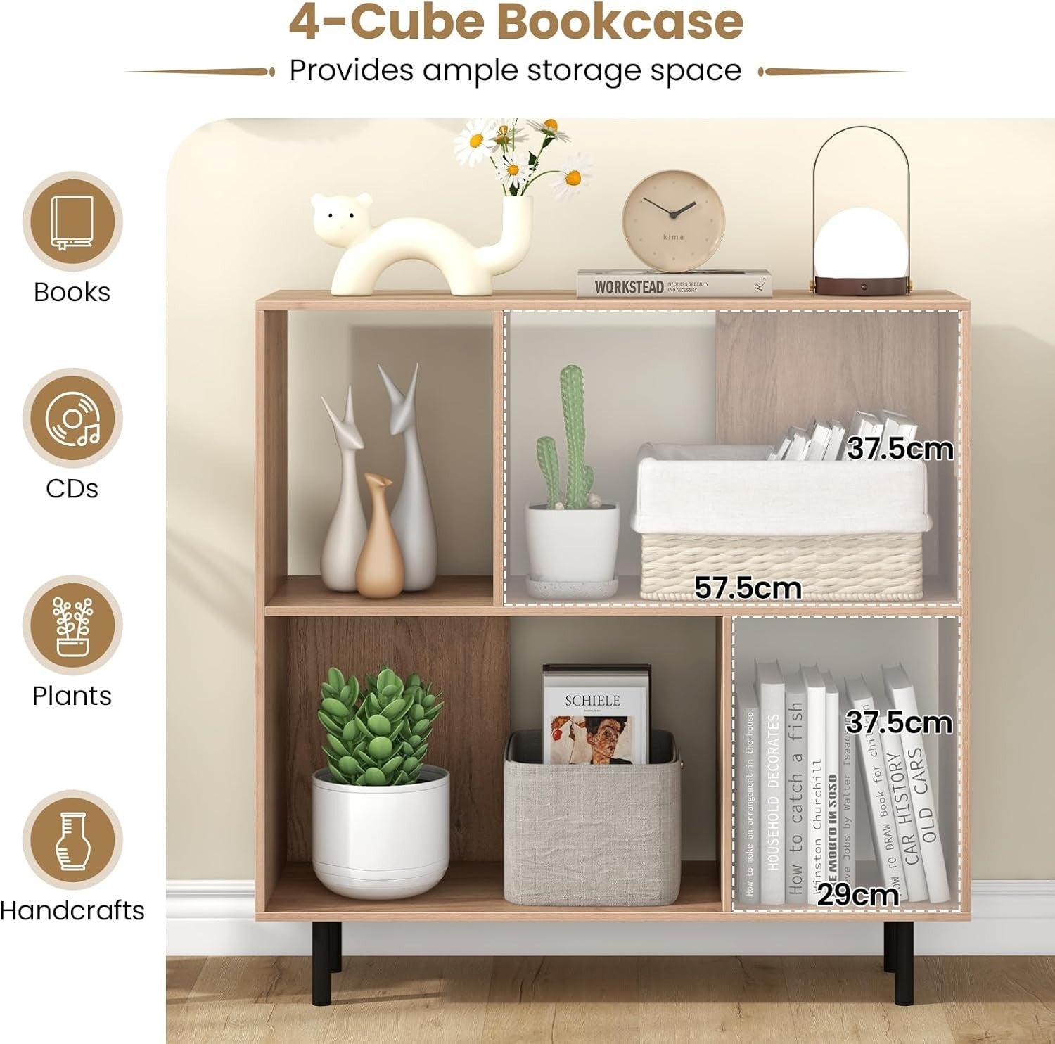4-Cube Storage Bookcase Wooden Shelves Metal Legs Minimalist 90x30x90cm