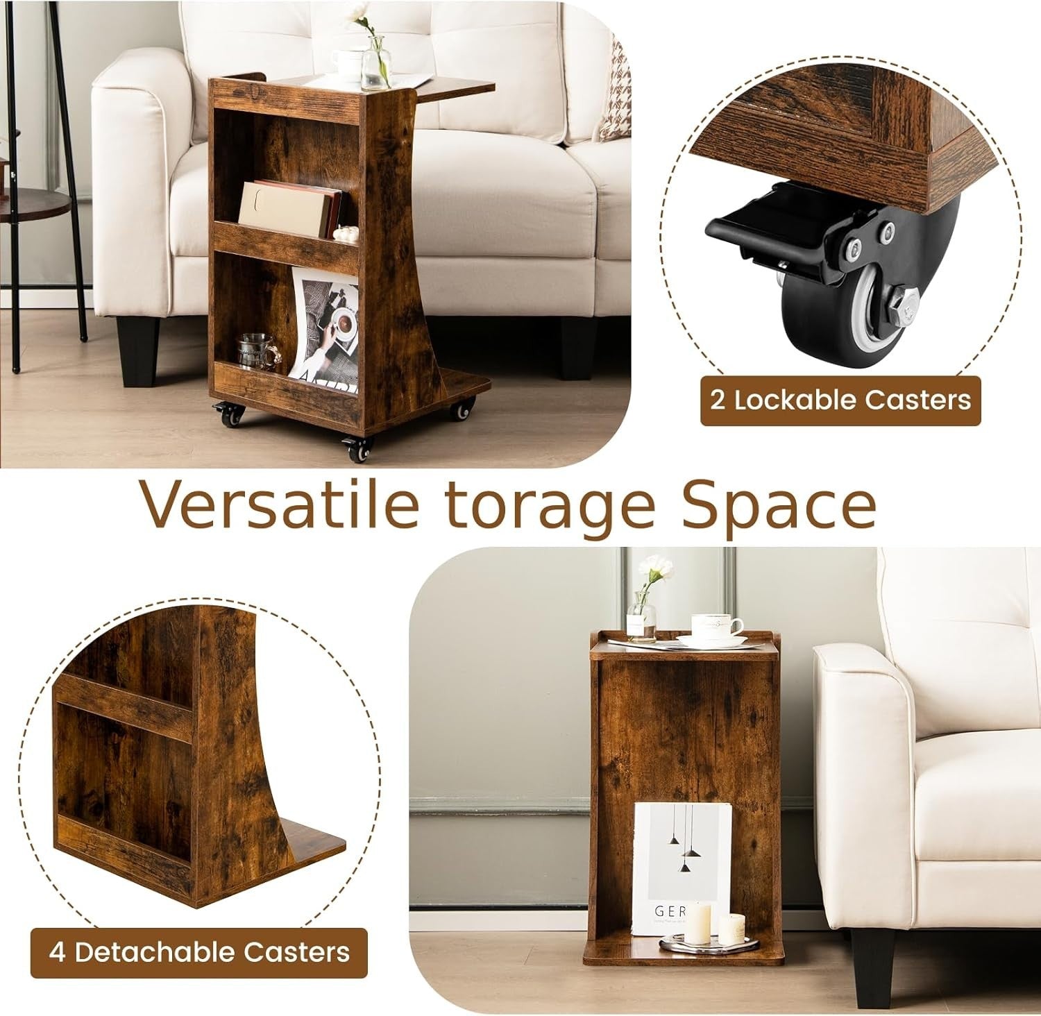 C-Shaped Sofa Side Table with Wheels & Storage – Overbed Snack Coffee Stand