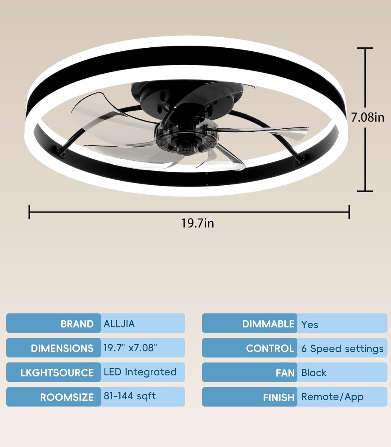 50cm Smart Ceiling Fan Light, 6 Speeds, Dimmable, Reversible LED, Quiet Black