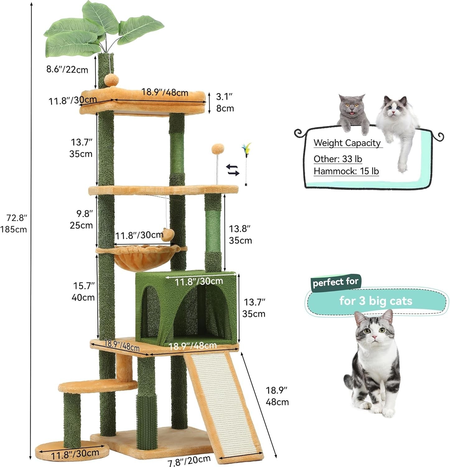185cm Tall Cat Tree Tower with Scratching Posts Condo Perches Indoor