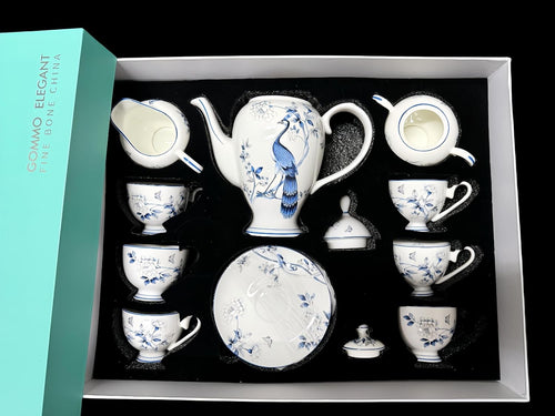 21pc Fine Bone China Tea Set Peacock Design Teapot Cups Saucers Gold Trim