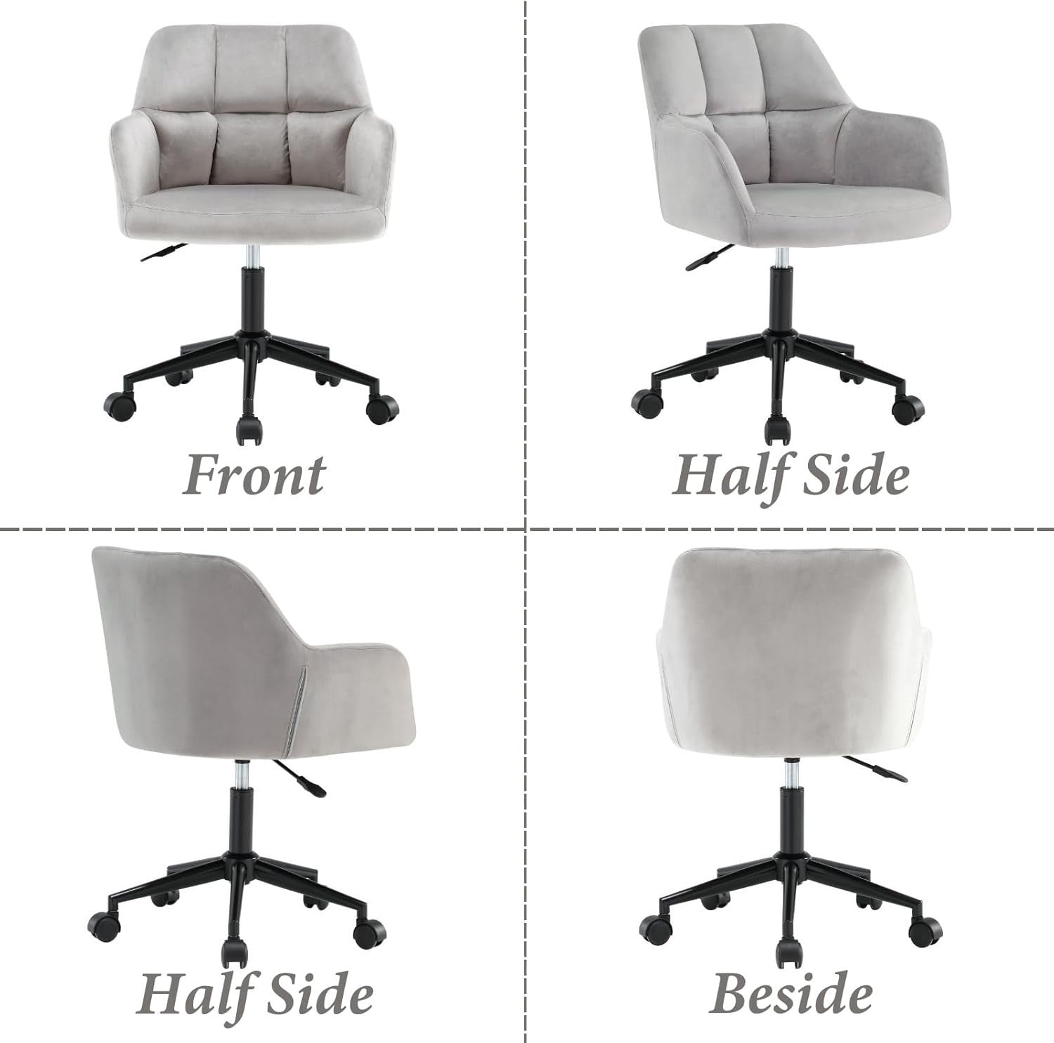 Swivel Office Chair Grey Velvet Desk Chair Modern Grid Back Home Study Seating