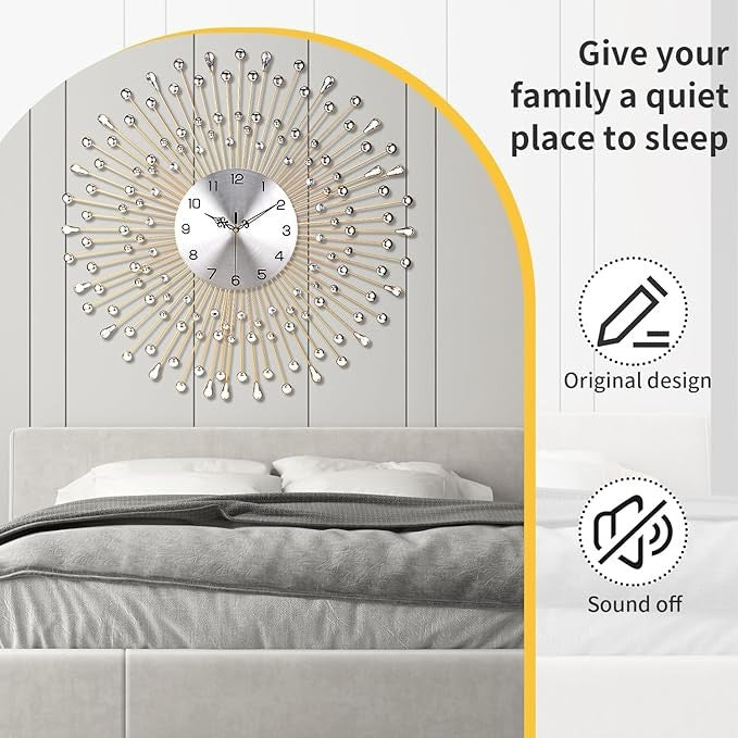Large 50cm Crystal Wall Clock Gold Silent Modern Luxury Metal Round Home Decor