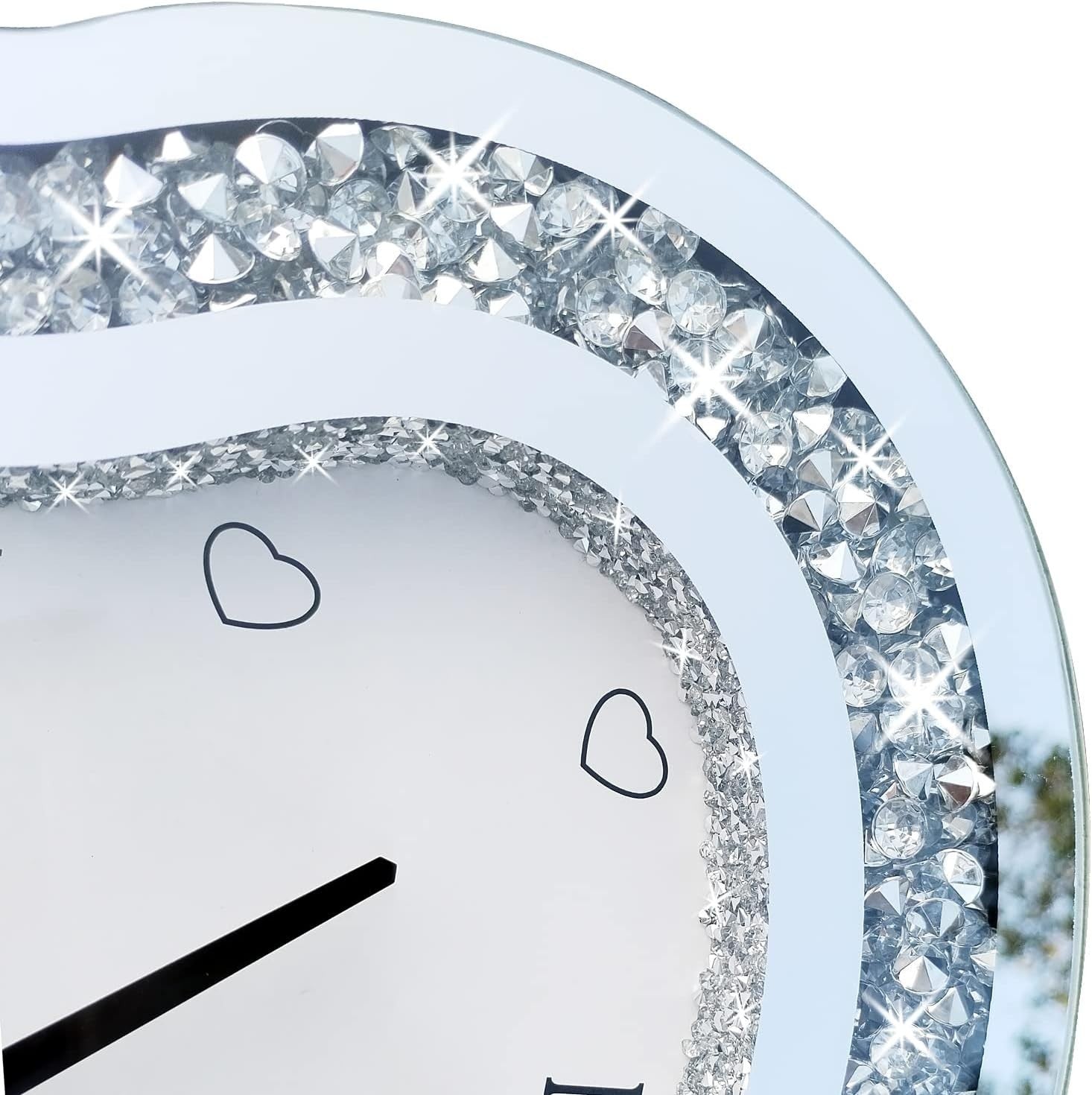 Heart-Shaped Mirror Wall Clock Diamond Border Silent Non-Ticking 12 Inch