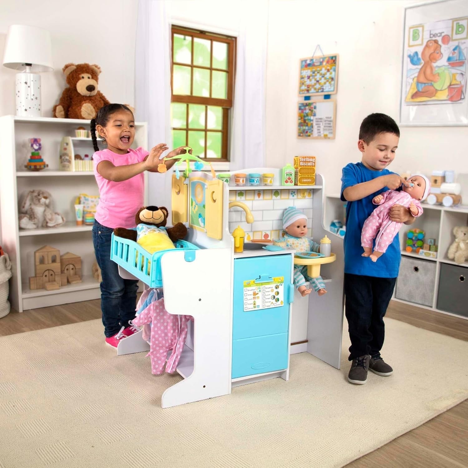 Wooden Doll Baby Care Activity Centre Nursery Kitchen Pretend Play Set